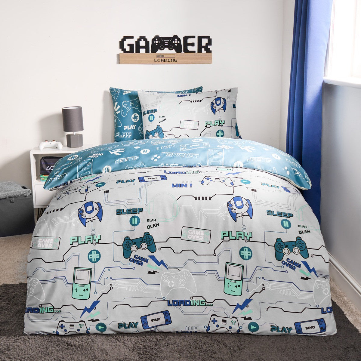 Kids Gaming Console Print Reversible Duvet Cover Set - Grey/Blue (Single)