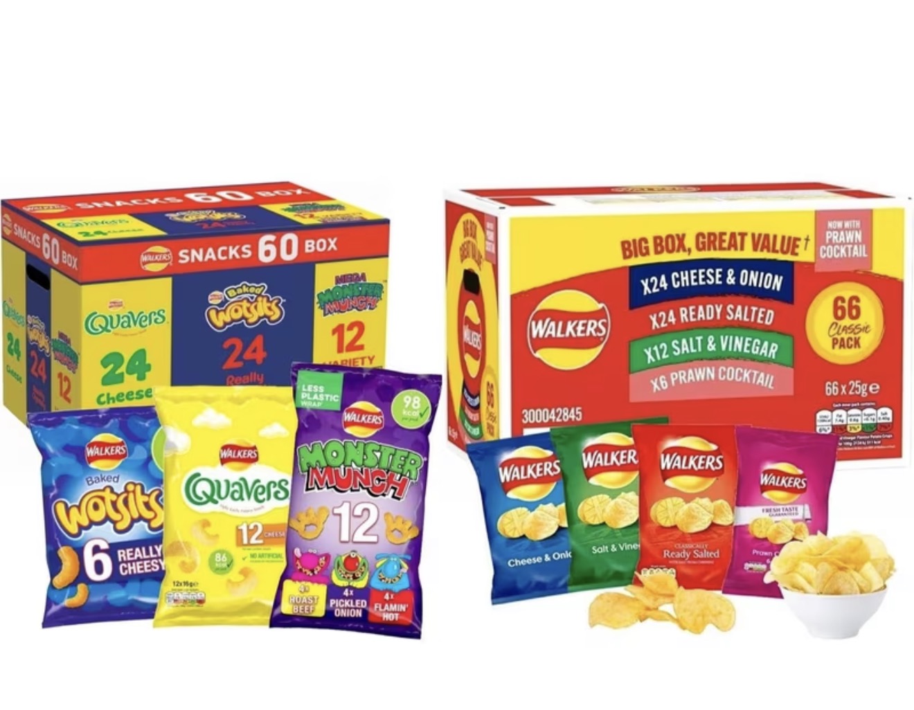 Walkers Crisps 60 Pack Snack Variety Box Quavers + Giant Crisps Multipack Snack Box - Pack of 66 x 25g Assorted Classic Walkers Crisps