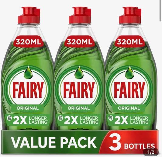 Fairy Original Washing Up Liquid Green/Yellow 320ml (Pack of 3)