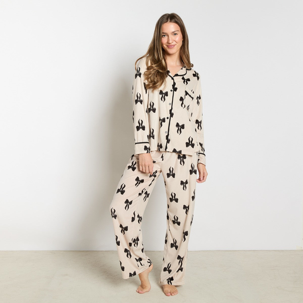 Bow Print Button Through Pyjama Set - Monochrome