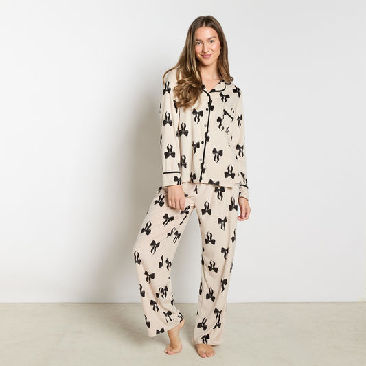 Bow Print Button Through Pyjama Set - Monochrome