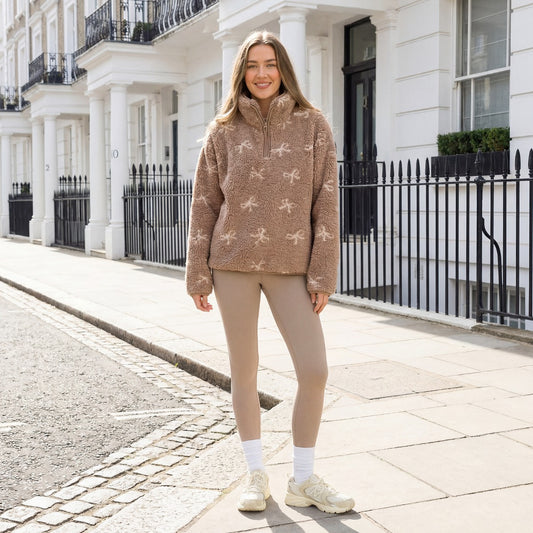 Teddy Bow Print Half Zip Fleece - Brown