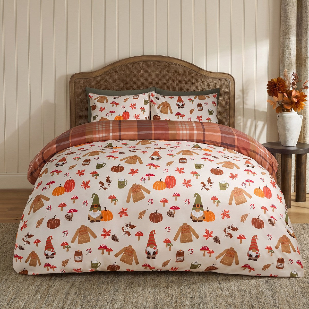 Autumnal Novelty Checked Reversible Duvet Cover Set - Cream/Rust
