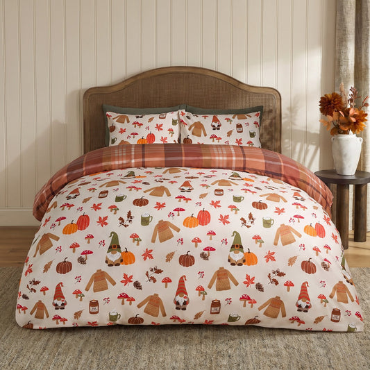 Autumnal Novelty Checked Reversible Duvet Cover Set - Cream/Rust