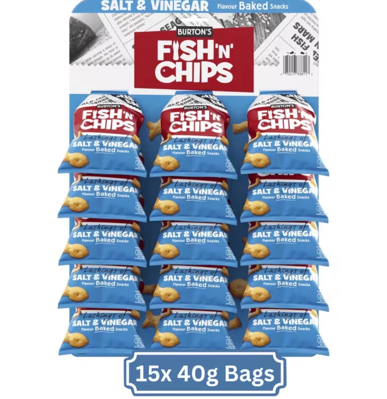 Burton’s Fish ‘N’ Chips Pub Card 15 x 40g Bags | Salt & Vinegar Flavour Baked Snack | Classic British Pub Treat
