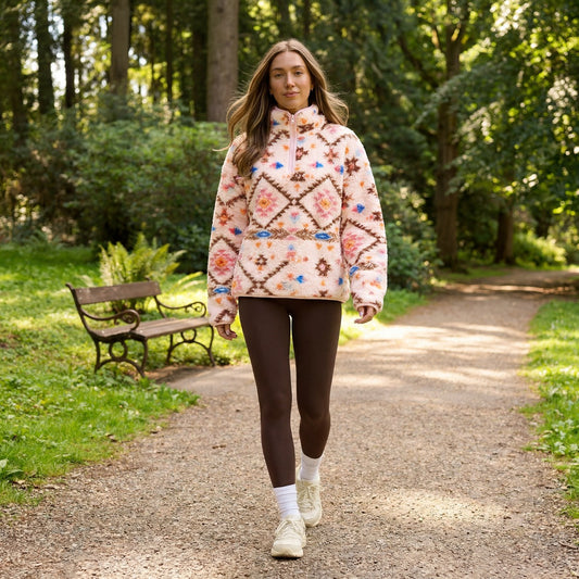 Teddy Aztec Print Half Zip Fleece - Beige/Orange