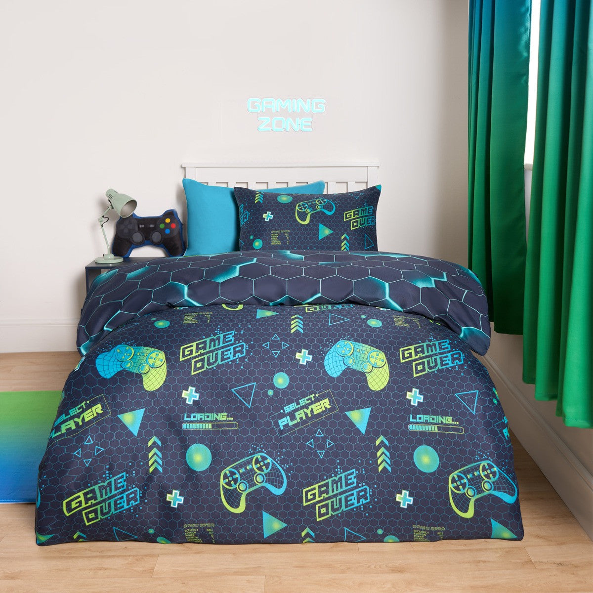 Neon Gaming Honeycomb Reversible Duvet Cover Set - Green/Blue (Single)