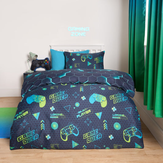 Neon Gaming Honeycomb Reversible Duvet Cover Set - Green/Blue (Single)