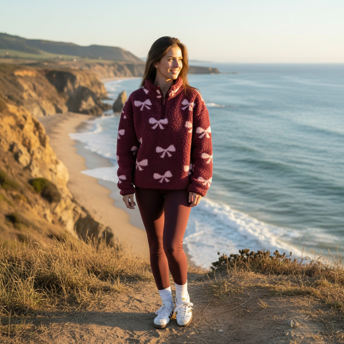 Teddy Bow Print Half Zip Fleece - Burgundy