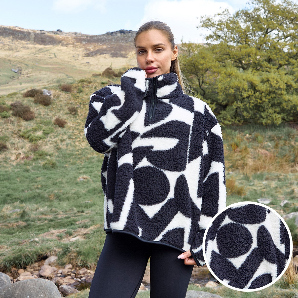 Teddy Geometric Print Half Zip Fleece - Monochrome