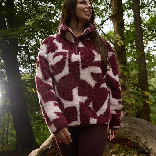 Teddy Geometric Print Half Zip Fleece - Burgundy/White