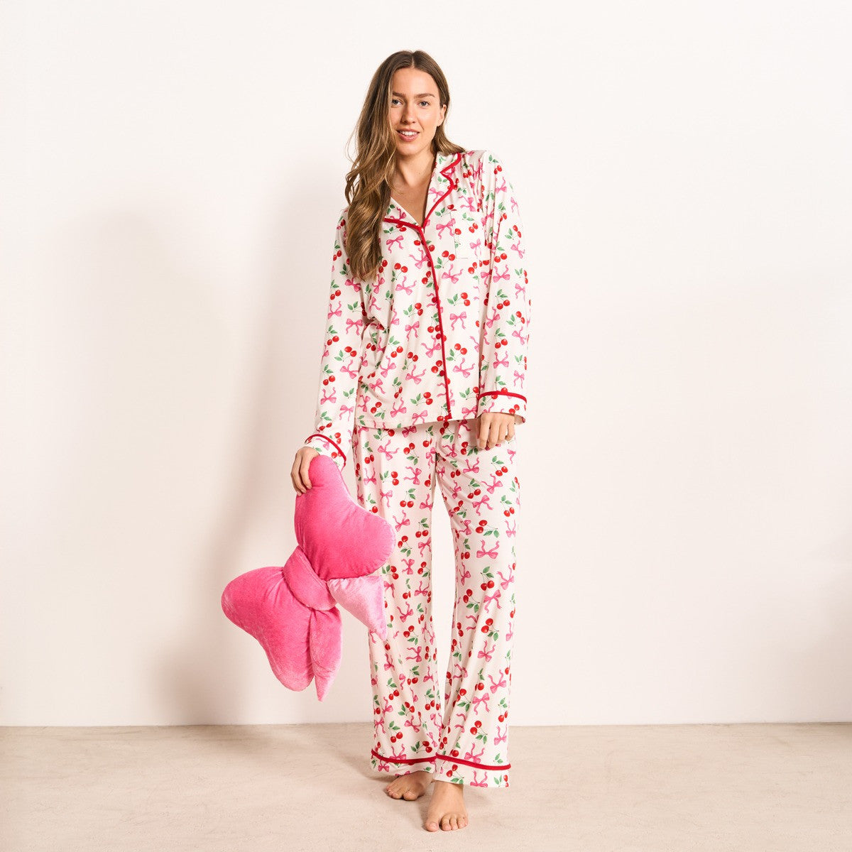 Cherry Bow Print Piped Jersey Pyjama Set - White/Pink