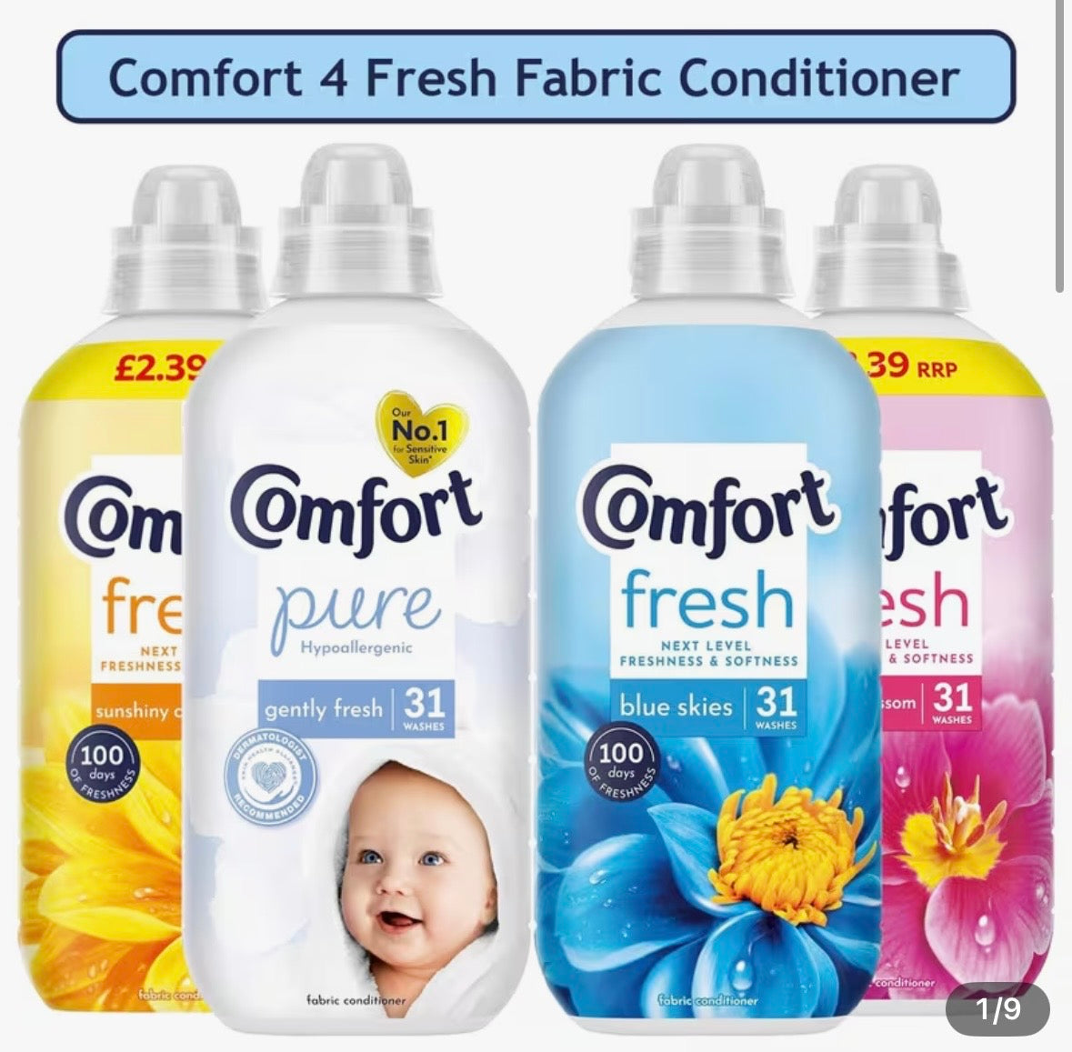Comfort 4 Fresh Fabric Conditioner Bundle Gift Set 4 x 930ml 31 Washes Each, Spring Blossom, Sunshiny Days, Blue Skies, Pure Scent Softener, Long Lasting Freshness, Ultra Soft Clothes, Anti Odour Formula, Laundry Care for Towels, Bedding, Delicates, Famil