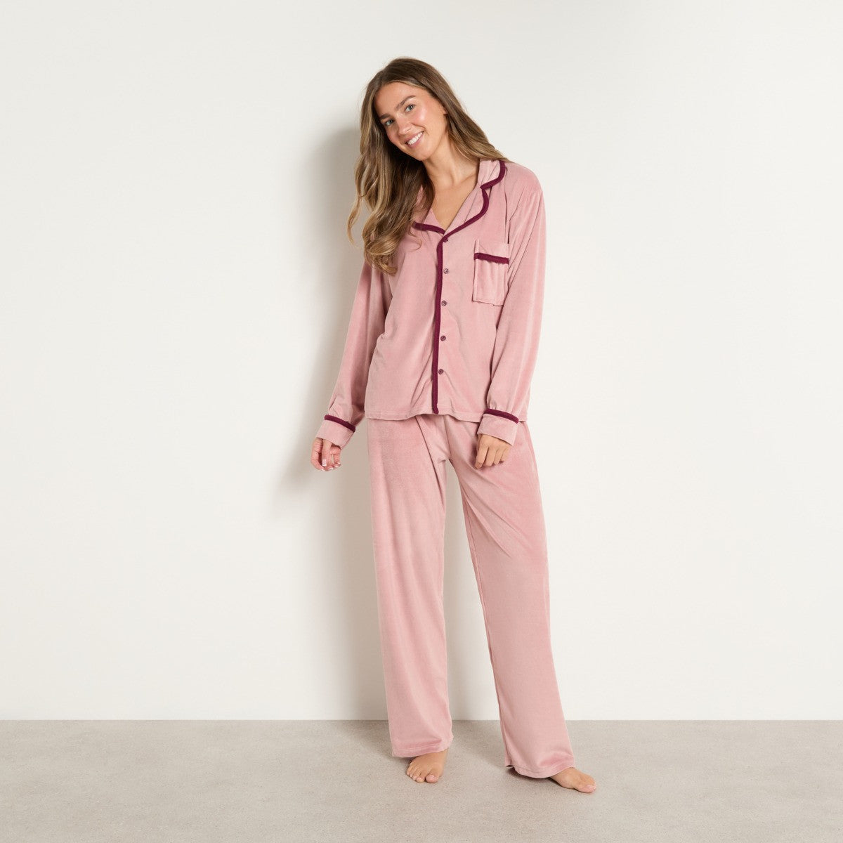 Piped Edge Matte Velvet Button Through Pyjama Set - Pink