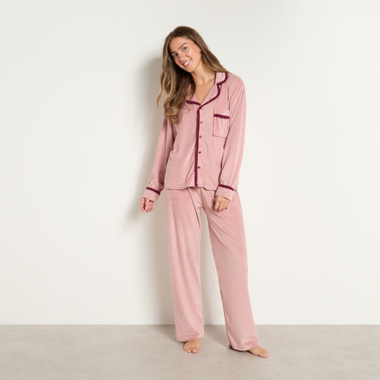 Piped Edge Matte Velvet Button Through Pyjama Set - Pink