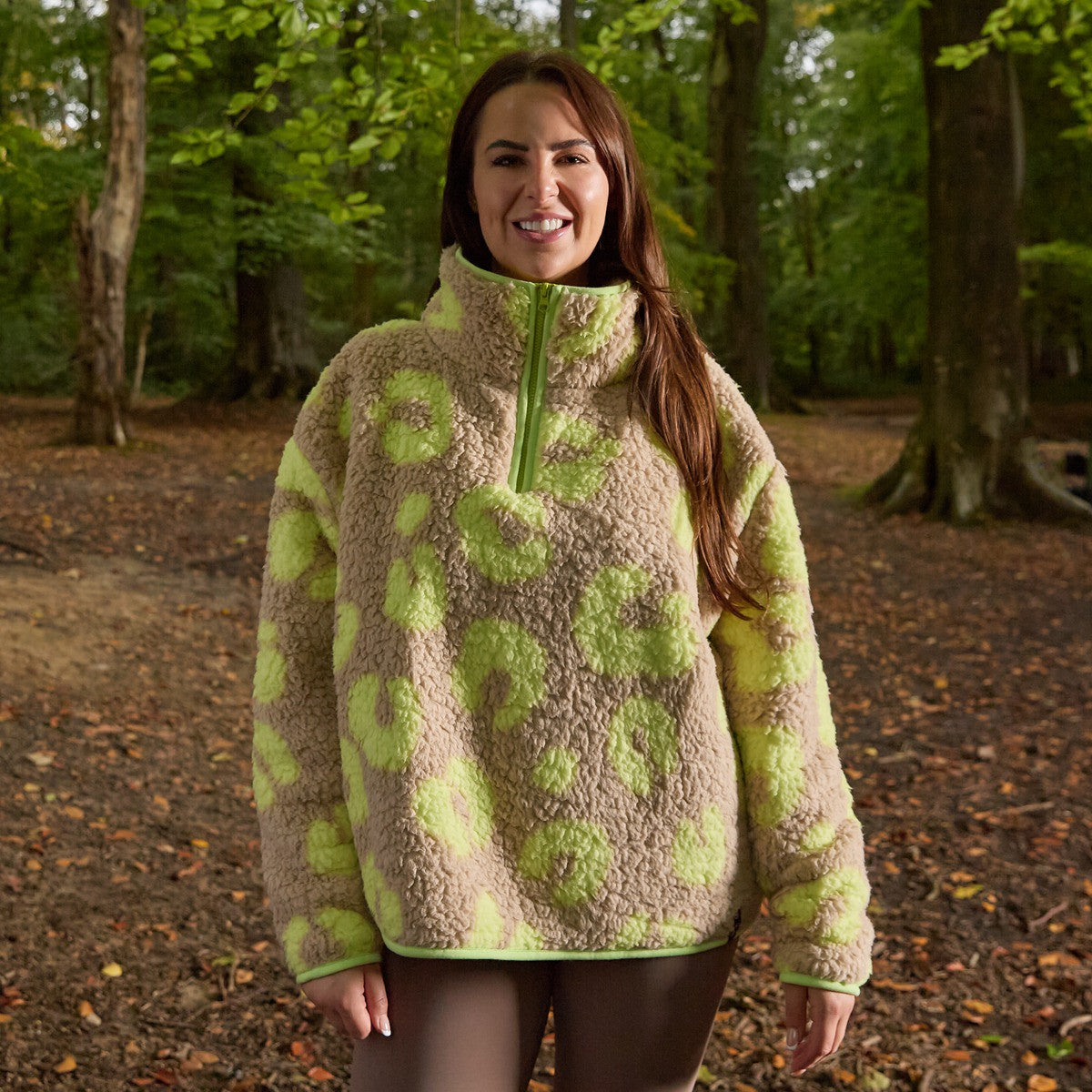 Teddy Abstract Leopard Print Half Zip Fleece - Natural/Neon