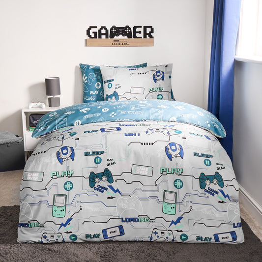 Kids Gaming Console Print Reversible Duvet Cover Set - Grey/Blue (Single)