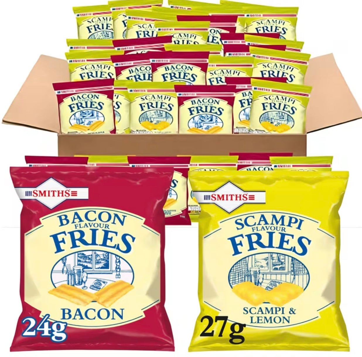 Smith'S Pub Classics Bundle – Scampi & Lemon Fries (18 x 27g) and Bacon Fries (18 x 24g) | Classic Savoury Pub Snacks | Vegetarian Friendly | Box of 36 Packs